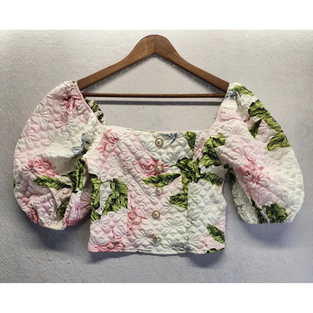 Pink Floral Textured Puff Sleeve Crop Top Pearl Button Size S US 4 - Picture 7 of 8